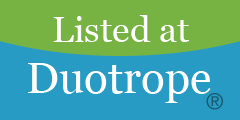 White text on duotone bright green and blue background reads: "Listed at Duotrope"