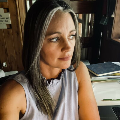 Poet Lana Matthews Sain looks off to the side. She has long black hair with grey streaks and wears a sleeveless light blue/grey shirt with a short ruffled collar.