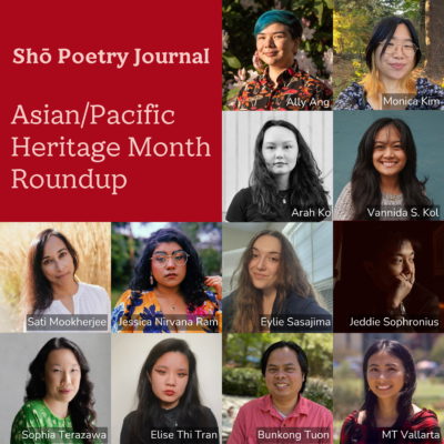 A grid of photographs of 12 poets. In the top left corner is a large red square with text "Shō Poetry Journal ・ Asian/Pacific Heritage Month Playlist"