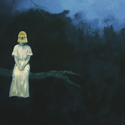 A girl in a long white dress and a bird head mask sits on a bough under a full moon in a night forest landscape. Her hands are folded in her lap and her feet can't be seen. Text says: Shō Poetry Journal No. 7 Summer 2025.