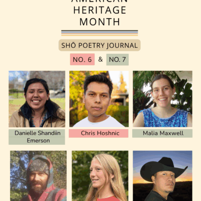Photo grid of six Indigenous U.S. poets Danielle Shandiin Emerson, Chris Hoshnic, Malia Maxwell, Tim Moder, Sofia Rasic, and J.K. Tsosie on a pale yellow background. Text in black reads "NATIVE AMERICAN HERITAGE MONTH" with four horizontal stripes in different colors. Text below stripes reads "SHŌ POETRY JOURNAL NO. 6 & NO. 7"